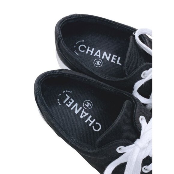 Authentic CHANEL CC Sneakers Black and White Coco Mark Bicolor Canvas Shoes 37 7 - Picture 7 of 8